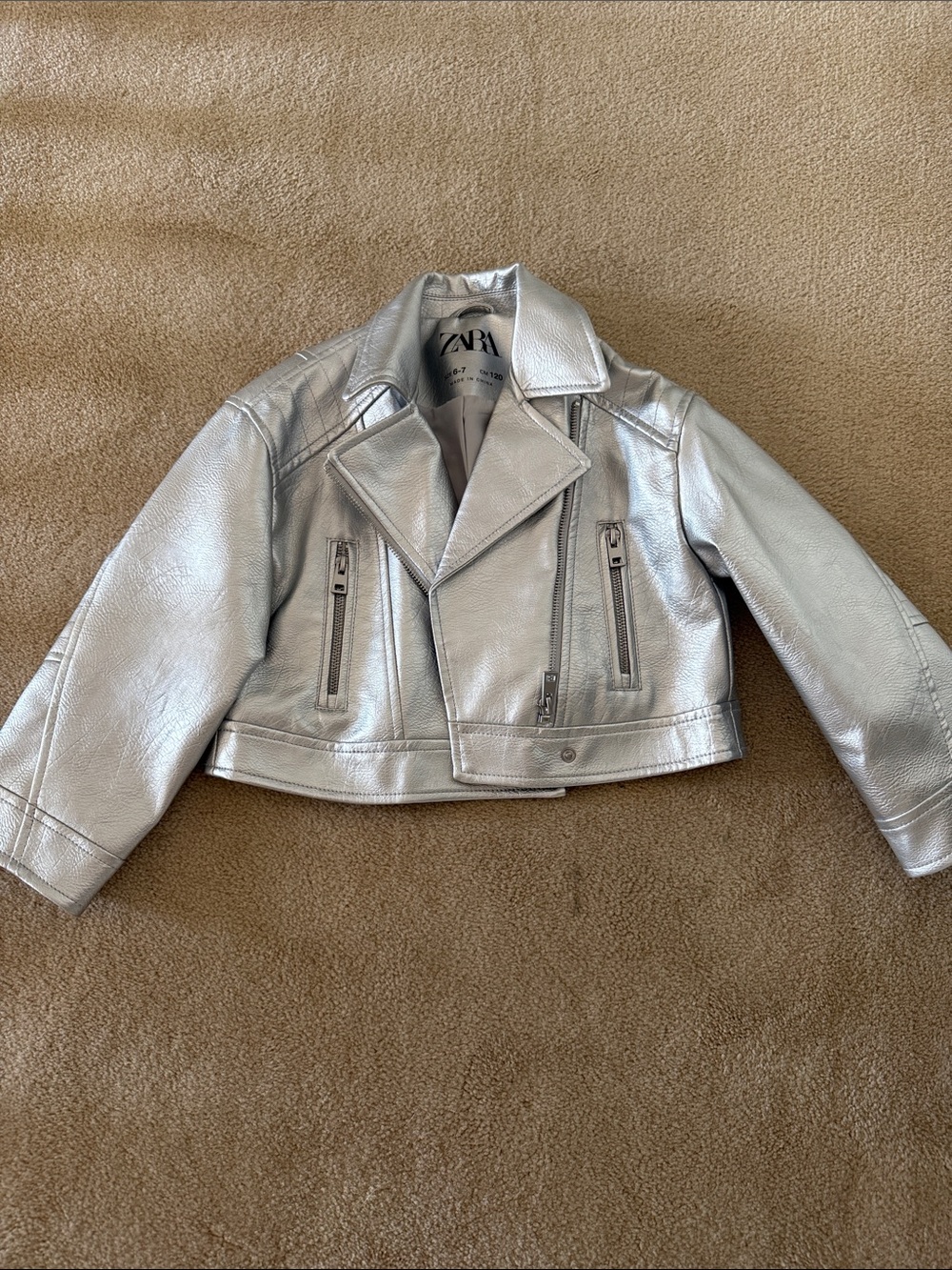 Zara Kids Metallic Silver Cropped Moto Jacket
